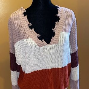 Womens Casual Distressed V Neck Sweater